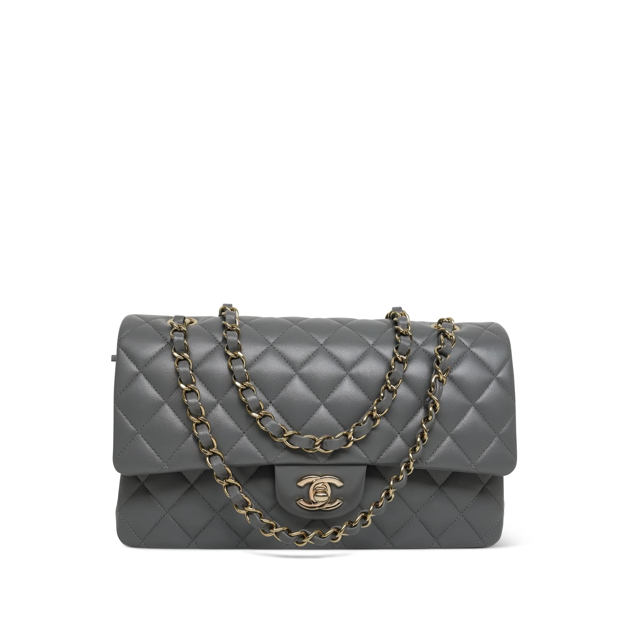 Chanel Grey Lambskin Quilted Classic Flap Medium Light Gold Hardware